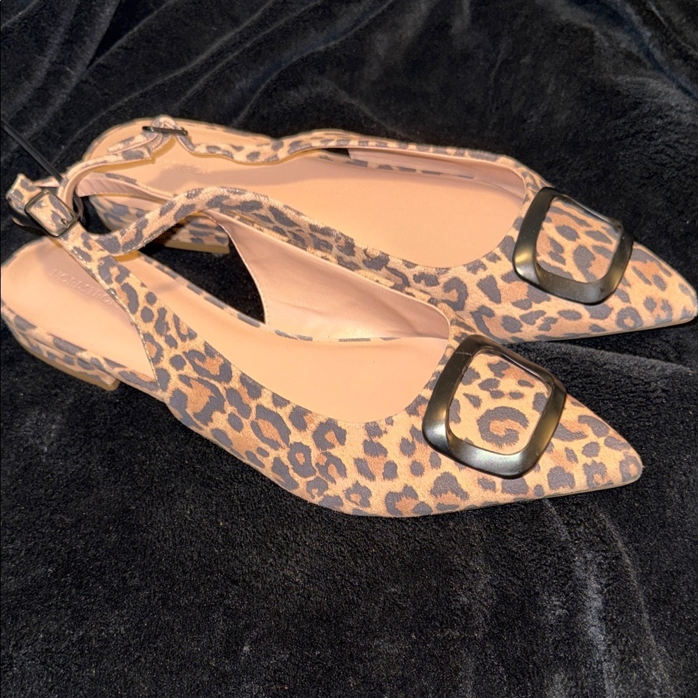 Nordstrom Leopard Print Pointed Slingback Flats with Decorative Metal Buckle